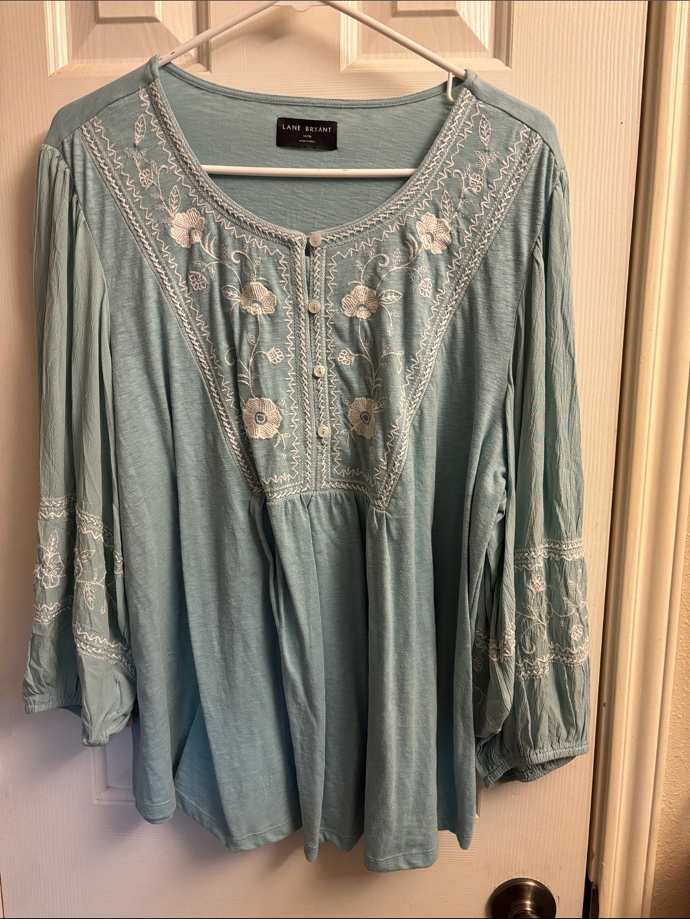 Lane Bryant Light Blue Embroidered Peasant Tunic